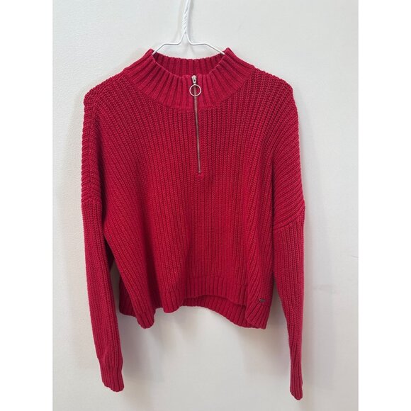 Hollister Womens Ribbed Half-Zip Red Knit Sweater M - Picture 1 of 4